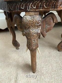 Pair of Vintage Tables Indian Hand Carved Veneer Inlaid Top With Elephant legs