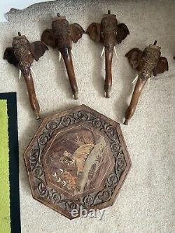 Pair of Vintage Tables Indian Hand Carved Veneer Inlaid Top With Elephant legs