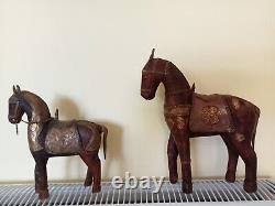 Pair of Vintage Wooden Horses Figurines Brass Original Old Hand Carved