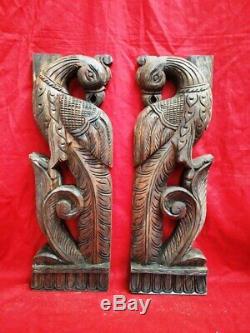 Peacock Yali Wall Panel Pair Wooden Handcarved Corbel Vintage Plaque Home Decor