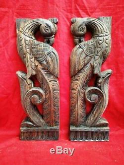 Peacock Yali Wall Panel Pair Wooden Handcarved Corbel Vintage Plaque Home Decor