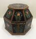 Rare Vintage/antique Indian Octagonal Wood Mughal Box, Handpainted Floral, 8