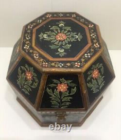 RARE Vintage/Antique Indian Octagonal Wood Mughal Box, Handpainted Floral, 8