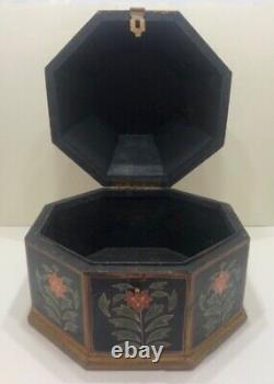 RARE Vintage/Antique Indian Octagonal Wood Mughal Box, Handpainted Floral, 8