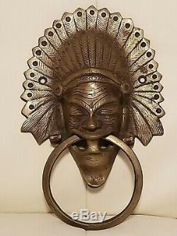 RARE Vintage Brass Door Knocker Tribal Headdress Indian Unique