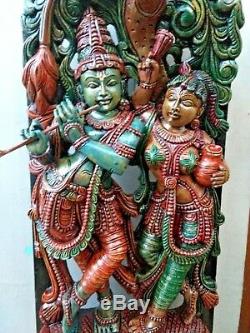 Radha Krishna Sculpture Hindu God Krsna Statue Vintage Wall Wooden Panel