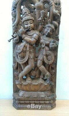 Radha Krishna Sculpture Hindu God Krsna Statue Wall Wooden Panel Vintage Decor U