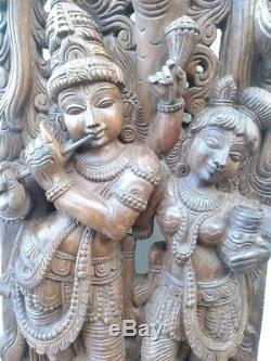 Radha Krishna Sculpture Hindu God Krsna Statue Wall Wooden Panel Vintage Decor U