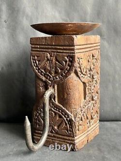 Rare Old Vintage Hand-carved Floral Wall Hanging Wooden Hook With Candle Stand
