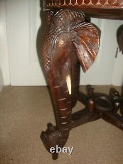 Rare Vintage Inlaid Rosewood Hand Carved Anglo / Indian Wooden Elephant Table