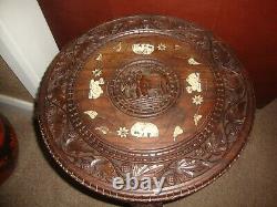 Rare Vintage Inlaid Rosewood Hand Carved Anglo / Indian Wooden Elephant Table