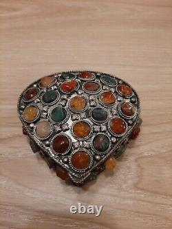 Rare Vintage Moorish Sajai Jewellery Box inlaid with Agate Stones, Hand Made