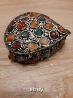 Rare Vintage Moorish Sajai Jewellery Box inlaid with Agate Stones, Hand Made