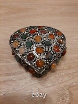 Rare Vintage Moorish Sajai Jewellery Box inlaid with Agate Stones, Hand Made