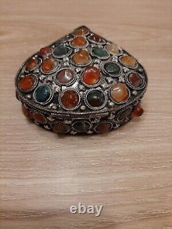 Rare Vintage Moorish Sajai Jewellery Box inlaid with Agate Stones, Hand Made