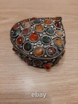 Rare Vintage Moorish Sajai Jewellery Box inlaid with Agate Stones, Hand Made