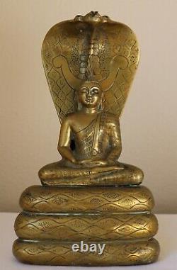 Stunning Ceylon Brass Buddha Statue, Gem inlaid Naga Vintage mid 20th C India