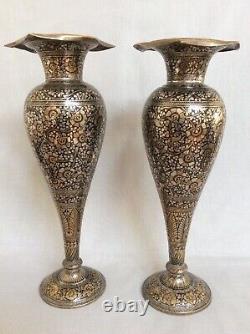 Super Pair Of Large Bidri Vintage Vases In Vgc