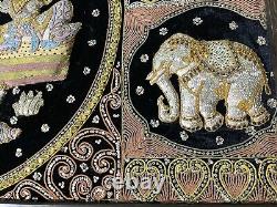 Tapestry Hand Woven Vintage Elephants Burmese Embroidered Wood Framed 50 by 31
