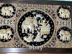Tapestry Hand Woven Vintage Elephants Burmese Embroidered Wood Framed 50 by 31