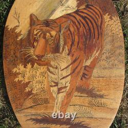 Tiger Marquetry Panel Indian Oval Art Deco Mid Century 45cm X 29cm Lovely Piece