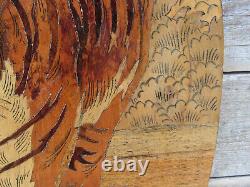 Tiger Marquetry Panel Indian Oval Art Deco Mid Century 45cm X 29cm Lovely Piece