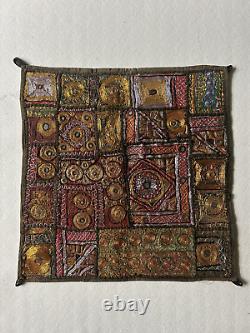 Traditional Indian gold/silver-work embroidered patchwork wall hanging (25)