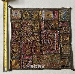 Traditional Indian gold/silver-work embroidered patchwork wall hanging (25)