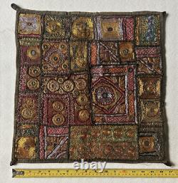 Traditional Indian gold/silver-work embroidered patchwork wall hanging (25)