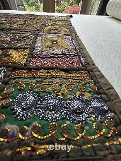 Traditional Indian gold/silver-work embroidered patchwork wall hanging (25)