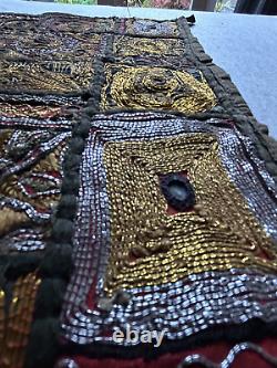 Traditional Indian gold/silver-work embroidered patchwork wall hanging (25)