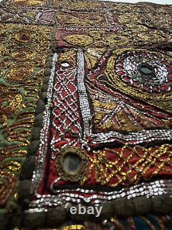 Traditional Indian gold/silver-work embroidered patchwork wall hanging (25)