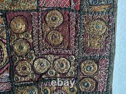 Traditional Indian gold/silver-work embroidered patchwork wall hanging (25)