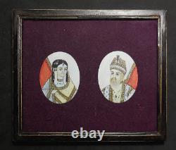 Two Vintage Indo-Persian Mughal MINIATURE PORTRAIT Paintings Man & Woman Framed