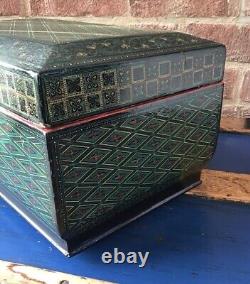 VINTAGE Anglo Indian Kashmiri Papier Mache Lacquered Wood Box TEA CHEST 38x19x23