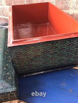 VINTAGE Anglo Indian Kashmiri Papier Mache Lacquered Wood Box TEA CHEST 38x19x23