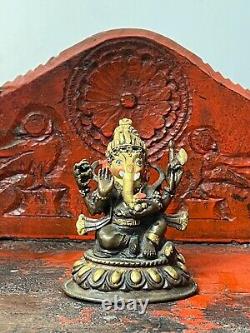 VINTAGE BRONZE GANESHA LOTUS THRONE SINO-TIBETAN POLYCHCROME & GOLD 20th c