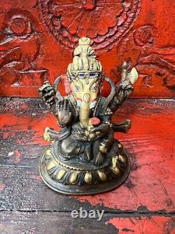 VINTAGE BRONZE GANESHA LOTUS THRONE SINO-TIBETAN POLYCHCROME & GOLD 20th c