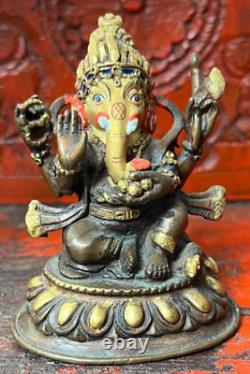 VINTAGE BRONZE GANESHA LOTUS THRONE SINO-TIBETAN POLYCHCROME & GOLD 20th c