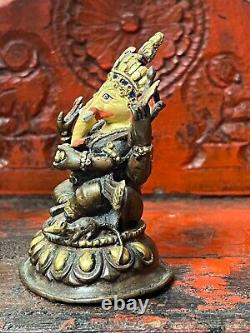 VINTAGE BRONZE GANESHA LOTUS THRONE SINO-TIBETAN POLYCHCROME & GOLD 20th c