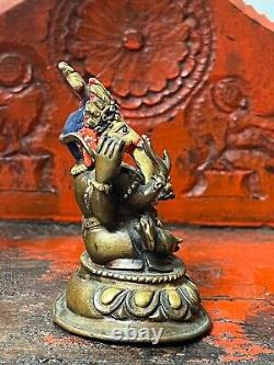 VINTAGE BRONZE GANESHA LOTUS THRONE SINO-TIBETAN POLYCHCROME & GOLD 20th c