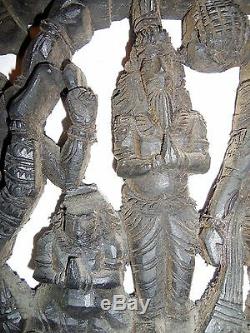 VINTAGE HAND CARVED WOOD HINDU EPIC WALL HANGING RARE PANEL INDIA 9 x 38