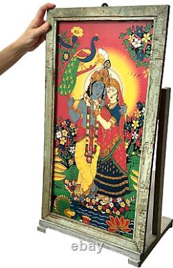 VINTAGE INDIAN REVERSE GLASS PAINTING KRISHNA & RADHA EVERLASTING LOVE 20th c