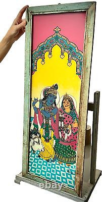 VINTAGE INDIAN REVERSE GLASS PAINTING KRISHNA & RADHA EVERLASTING LOVE 20th c