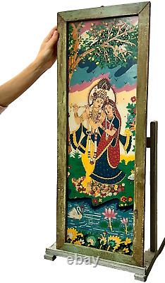 VINTAGE INDIAN REVERSE GLASS PAINTING KRISHNA & RADHA EVERLASTING LOVE 20th c