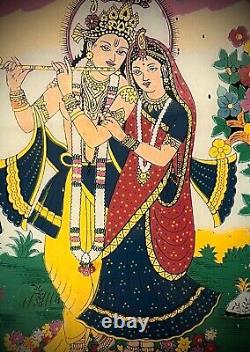 VINTAGE INDIAN REVERSE GLASS PAINTING KRISHNA & RADHA EVERLASTING LOVE 20th c