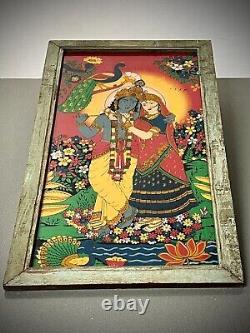 VINTAGE INDIAN REVERSE GLASS PAINTING KRISHNA & RADHA EVERLASTING LOVE 20th c