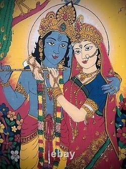 VINTAGE INDIAN REVERSE GLASS PAINTING KRISHNA & RADHA EVERLASTING LOVE 20th c