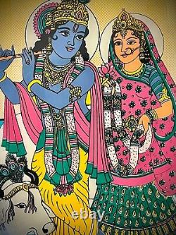 VINTAGE INDIAN REVERSE GLASS PAINTING KRISHNA & RADHA EVERLASTING LOVE 20th c