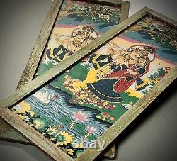 VINTAGE INDIAN REVERSE GLASS PAINTING KRISHNA & RADHA EVERLASTING LOVE 20th c